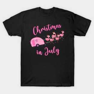 Funny Flamingo Pink Camping Car Christmas In July T-Shirt